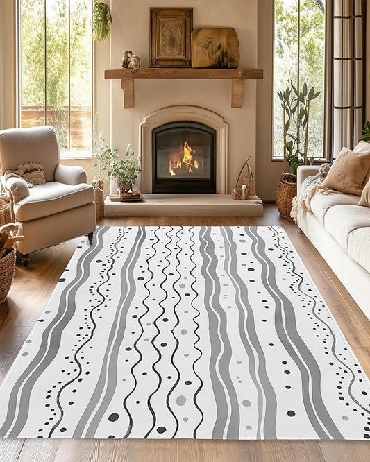 Modern Gray Lines Washable Living Room Area Rug, Low Profile Abstract Pattern, Non-Slip Backing Carpet for Kitchen, Bedroom, Dining Room
