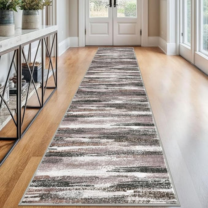 Modern Abstract Runner Rug 2.6x12, Dark Light Brown White Washable Long Kitchen Runner Non-Slip Soft Hallway Rug Runner Thin Print Faux Wool Carpet for Entryway Bedroom Laundry Room Indoor