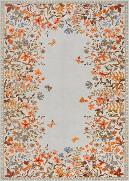 Wonnitar Fall Washable 5x7 Rug for Bedroom, Low Pile Soft Boho Floral Living Room Area Rug, Non Slip Throw Carpet for Girls Room Nursery Playroom Guest Room (Orange,5'x7')