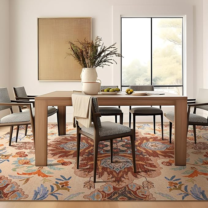 Phantoscope Washable Area Rug 4'x6' Non-Slip, Vintage Boho Rugs for Living Room, Bedroom, Dining Room, Fall Orange Floral Medallion Pattern, Low-Pile Foldable Floor Carpet, Rust/Multi Floral