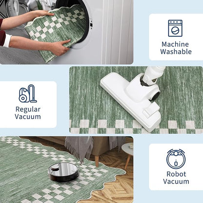 GarveeHome Hallway Runner Rug 2x6 Non Slip Scalloped Washable Rug for Kitchen Entry Stain Resistant Modern Border Throw Floor Carpet Long Runner Mat for Bathroom Living Room Bedside, Green