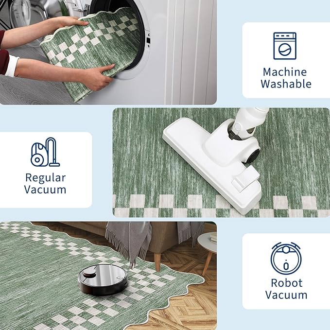 GarveeHome 8x10 Area Rug for Living Room Scalloped Washable Large Bedroom Rug Non Slip Stain Resistant Modern Border Dining Room Throw Carpet Scalloped Boho Rug for Home Decor Office Nursery, Green