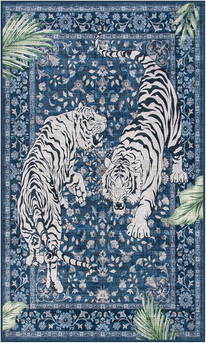 Moynesa Tiger Machine Washable Rug, 3x5 Entry Area Rug Non Slip Vintage Soft Rug for Living Room, Ultra Thin Boho Stain Resistant Kitchen Throw Mat for Entrance Bedside, Blue