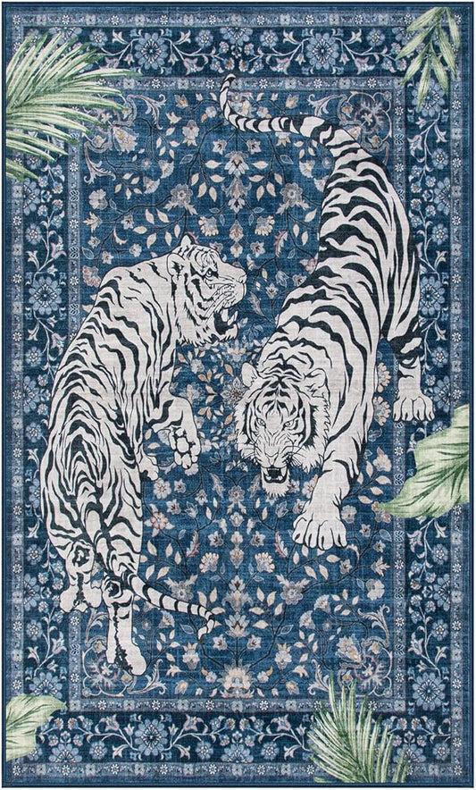 Moynesa Tiger Machine Washable Rug, 3x5 Entry Area Rug Non Slip Vintage Soft Rug for Living Room, Ultra Thin Boho Stain Resistant Kitchen Throw Mat for Entrance Bedside, Blue