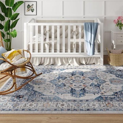 Rugcomf Vintage Medallion Living Room Rug 5'x7' - Machine Washable Area Rug, Non-Slip Low Pile Boho Carpet for Bedroom, Dining Room, Farmhouse, Office, Kids Playroom - Blue