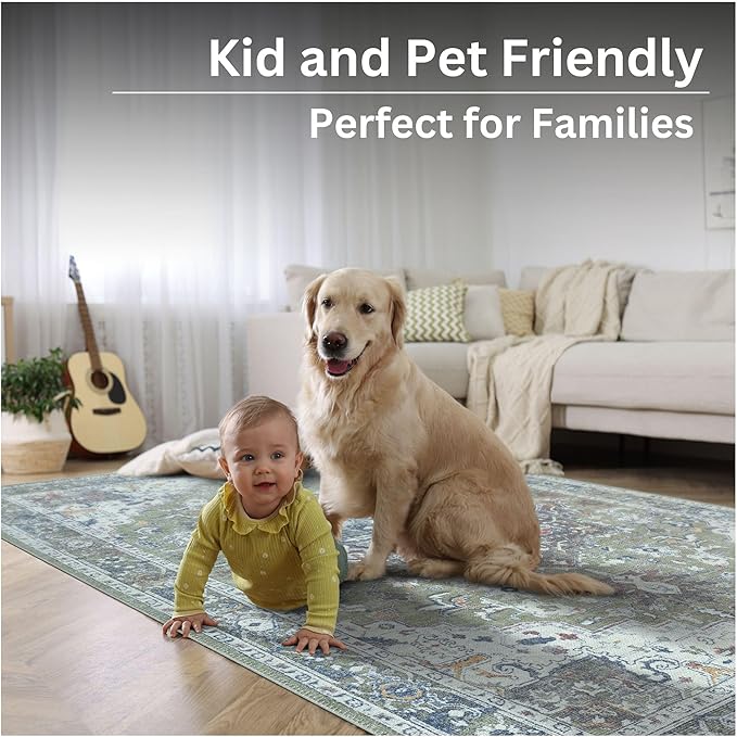 Bloom Rugs Washable Non-Slip 3' x 5' Rug - Green/Blue Traditional Medallion Area Rug for Living Room, Bedroom, Dining Room, and Kitchen - Exact Size: 3' x 5'