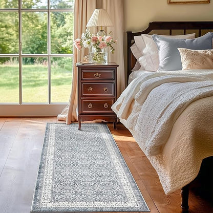 jinchan Runner Rug 2x6 - Machine Washable Grey Vintage Floral Distressed Design Soft Non-Slip Low-Pile Ultra-Thin Runner Rug for Kitchen Hallway Laundry Room Entryway Farmhouse (2‘x6', Grey)