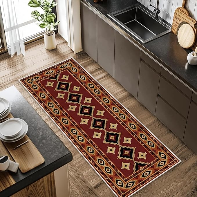 Burgundy Diamond Runner Rug, 2x8ft Hallway Runner Rugs - Corridor & Foyer Area Rugs, Non-Slip Mat Durable Rug, Washable Flannel Material, Southwestern Geometric Home Decor Carpet