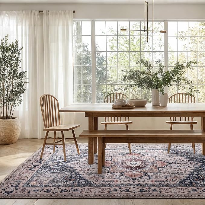 PURRUGS Vintage Farmhouse Boho Large Area Rug 8x10 ft, Non-Slip Machine Washable Rug, Accent Oriental Rug for Living Room, Dining Room, Bedroom, Entryway and Kitchen, Coral Red/Marine Blue