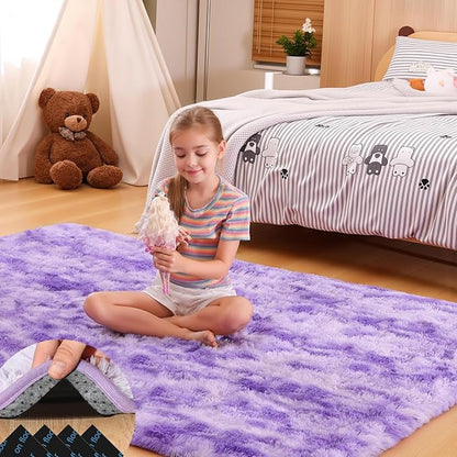 4x6 Rugs for Bedroom, Fluffy Small Area Rugs for Living Room,Soft Shag Fuzzy Carpet with 4 Non-Slip Stickers for Kids Boys and Girls Nursery Room Dorm Home Decor (Tie-Dyed Purple, 4ft x 6ft)