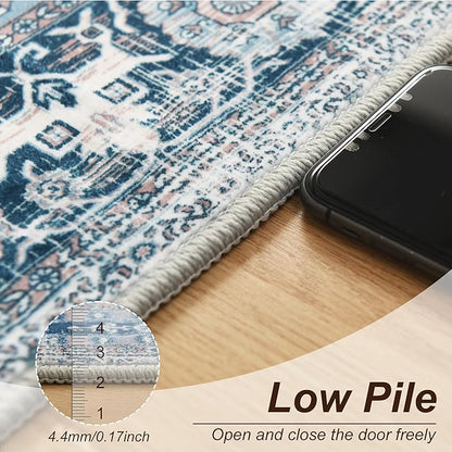 XWZO Washable Hallway Runner Rug 2x8ft — Non-Slip Low Pile Area Rug with Rubber Backing, Spill Resistant Soft Vintage Floor Carpet Runner for Kitchen Entryway Doorway Bedroom Corridor, Blue