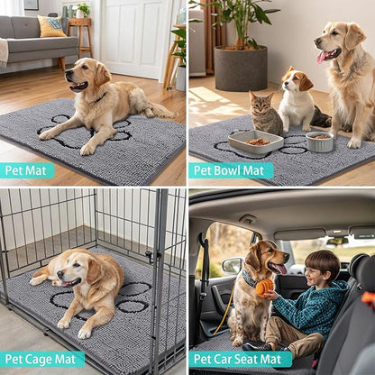 Smiry Dog Door Mat for Muddy Paws, Absorbent Dirt Trapper Non Slip Quick Dry Washable Chenille Mat for Mud Dogs, Entry Rug for Indoor and Outdoor (44x24 Inches, Grey and Black)