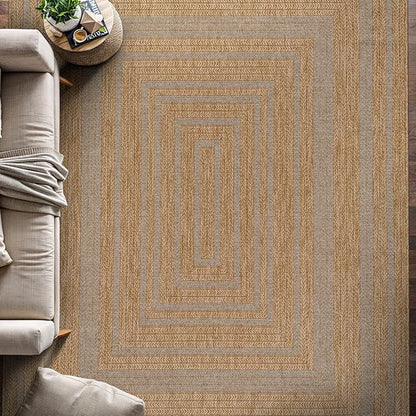 Beverly Rug Easy Jute Framed Border Rug 4x6 Washable Durable Indoor Outdoor Area Rugs for Living Dining Room Patio Office Stain Resistant Non Shedding Casual Indoor Outside Carpet 4 x 6 Natural