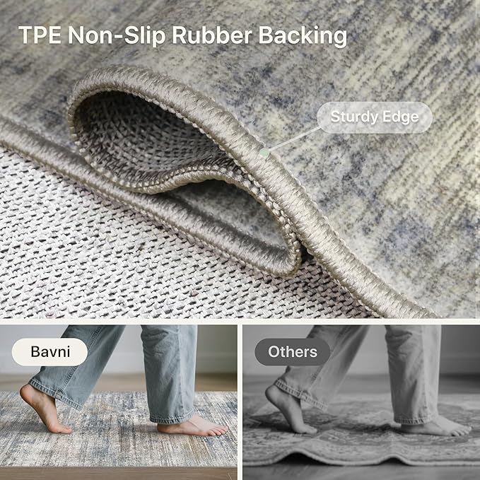 Bavni Washable Rug, Soft Abstract Rugs Non-Slip, Thin Foldable 6x9 Rug, Modern Stain Resistant Area Rug for Living Room, Kitchen, Bedroom, Blue/Light Grey