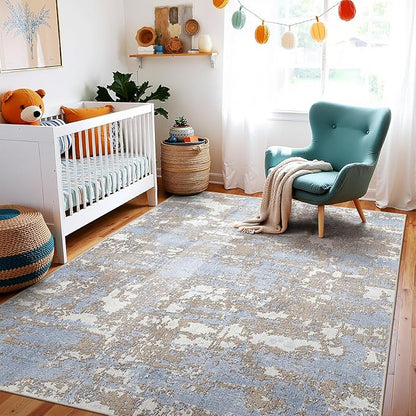 WITSHOCK 5x7 Dining Room Area Rugs: Modern Abstract Tumble Large Rug for Bedroom Living Room, Non-Slip Stain Resistant Indoor Carpet, Nursery Home Office Alfombras para Salas Modernas, Blue Brown