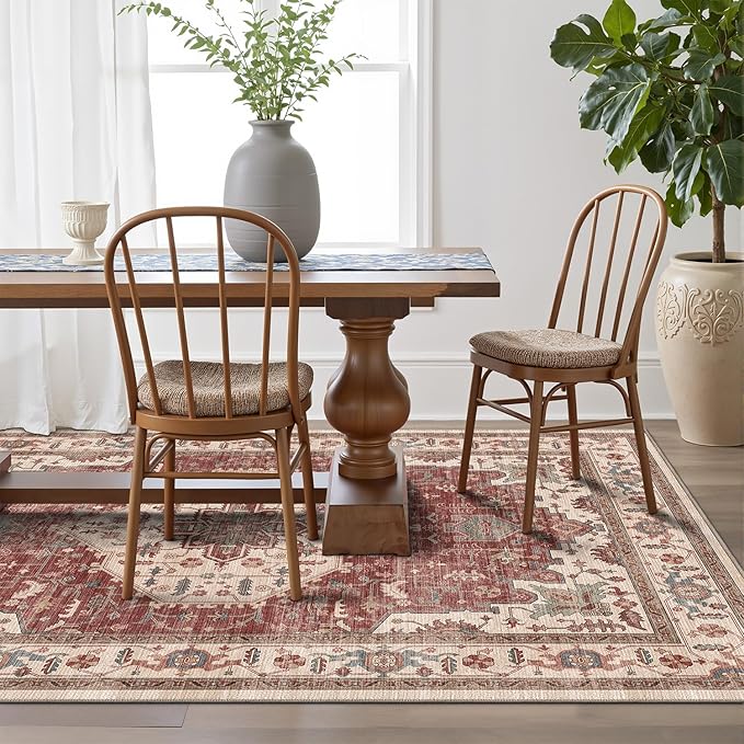 LUMI 5x8 Washable Area Rug for Living Room, Ultra Soft Traditional Vintage Red Rugs Non Slip with Rubber Backing, Low Profile, High Traffic, Stain Resistant Carpets, Ideal for Bedroom, Dining Room