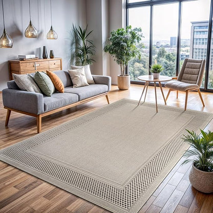 CAMILSON Easy Jute Rug 5x7, Indoor Outdoor Off-White Color Fiber Area Rugs for Living Room Patio and Kitchen Rug Bordered Boho Woven Design, Easy-Cleaning, Washable Outside Carpet (5 x 7)