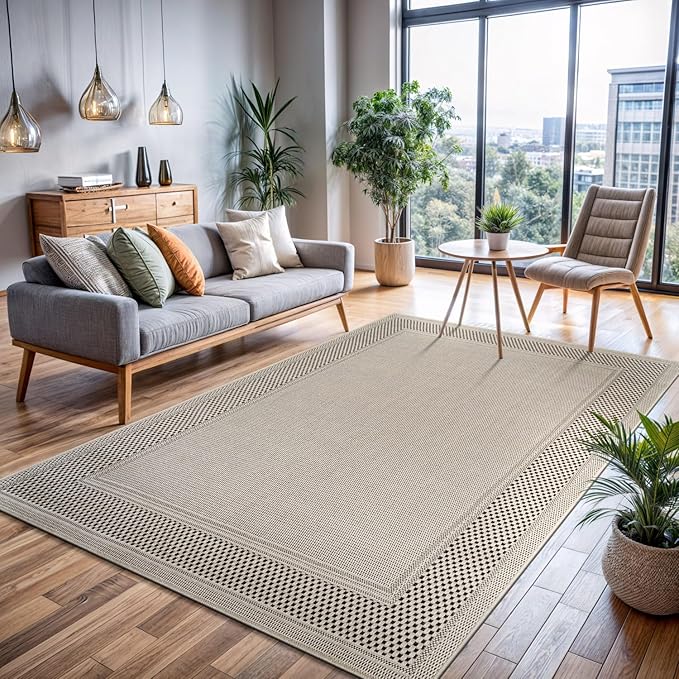CAMILSON Easy Jute Rug 9x12, Indoor Outdoor Off-White Color Fiber Area Rugs for Living Room Patio and Dining Room Rug, Bordered Boho Woven Design, Easy-Cleaning, Washable Outside Carpet (9 x 12)