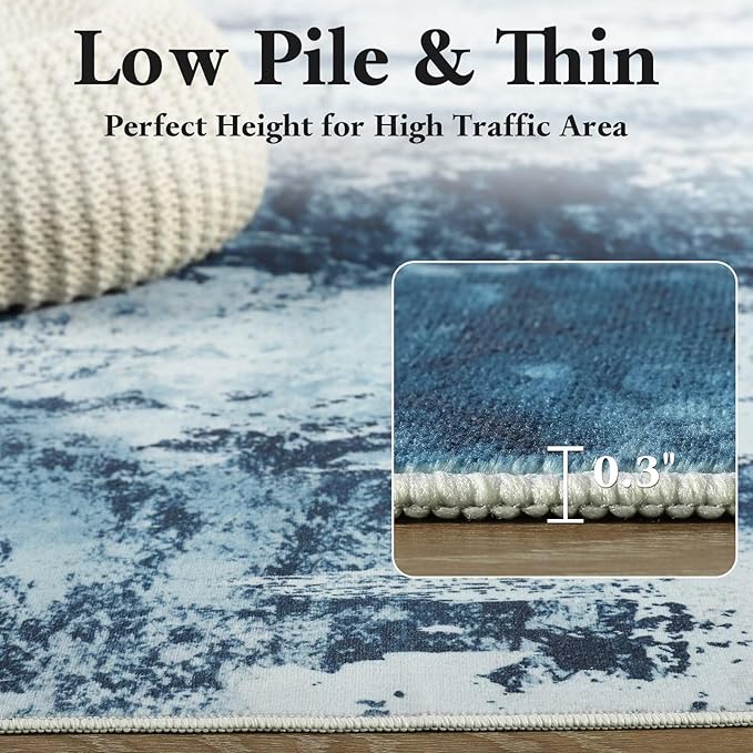 Washable Abstract Rug, 7x10 Modern Area Rugs with Non-Slip Rubber Backed for Living Room, Thin but Soft Contemporary Carpet Kitchen Bedroom Dining Room Decor, Blue White