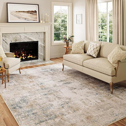 12x15 Area Rug Beige Blue Abstract Living Room Bedroom Washable Carpet Neutral Modern Non Slip Soft Low Pile Large Throw Rug for Dining Room Kitchen Office