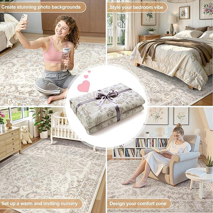 Wonnitar Washable Living Room Rugs, 8x10 Area Rugs for Room Decor, Beige Non Slip Ultra-Thin Soft Cozy Vintage Floral Distress Neutral Carpet for Bedroom Dining Room Farmhouse Playroom