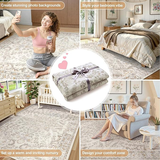 Wonnitar Vintage 5x7 Washable Rug, Neutral Rugs for Living Room Decor, Beige Non Slip Ultra-Thin Soft Boho Floral Room Carpet for Bedroom Nursery Dining Room Farmhouse Office Home Décor