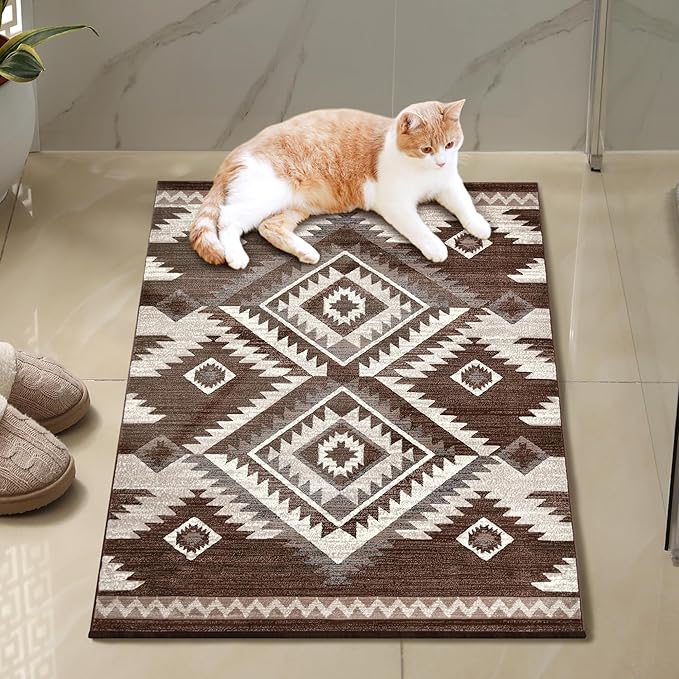 YHSF South West Native American Rug Ritz – Native Tribal American Indian Inspired Rug - Living Room, Bedroom, Hallway, Entryway & High-Traffic Area Rugs - Washable - Soft - Espresso, 2 Feet x 3 Feet
