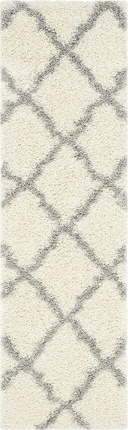 SAFAVIEH Dallas Shag Collection Runner Rug - 2'3" x 18', Ivory & Grey, Trellis Design, Non-Shedding & Easy Care, 1.5-inch Thick Ideal for High Traffic Areas in Living Room, Bedroom (SGD257F)