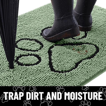 Smiry Dog Door Mat for Muddy Paws, Absorbent Dirt Trapper Non Slip Quick Dry Washable Chenille Mat for Mud Dogs, Entry Rug for Indoor and Outdoor (40x32 Inches, Olive Green and Black)