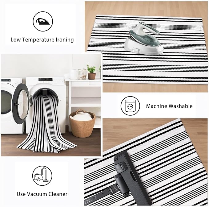 Outdoor Rug Front Door Mat 2'x4.3', Cotton Indoor Doormat Washable Black and White Striped Rug, Foldable Reversible Layered Door Mats for Entryway/Farmhouse/Home Entrance