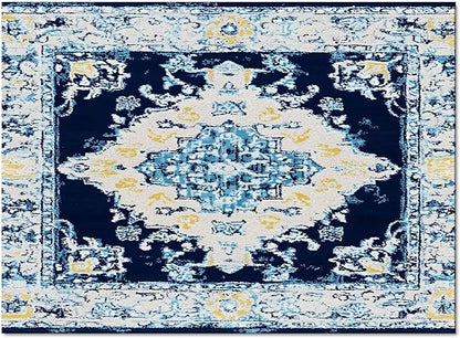 Bohemian Pattern Rectangular Area Rugs for Living Room Bedroom 3 x 5 ft Blue & Yellow Abstract Non-Shedding Soft Low Pile Rug Non Slip Washable Rug for Nursery Entryway Playroom