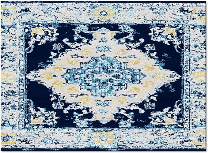 Bohemian Pattern Rectangular Area Rugs for Living Room Bedroom 4 x 6 ft Blue & Yellow Abstract Non-Shedding Soft Low Pile Rug Non Slip Washable Rug for Nursery Entryway Playroom