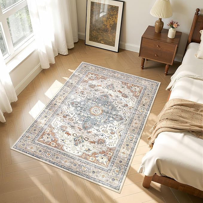 4x6 Area Rugs Washable Rug: Boho Large Neutral Vintage Soft Rug Stain Resistant Distressed Farmhouse Non-Slip Indoor Floor Carpet for Bedroom Entryway Nursery Kids Office Dining Room- Beige Blue