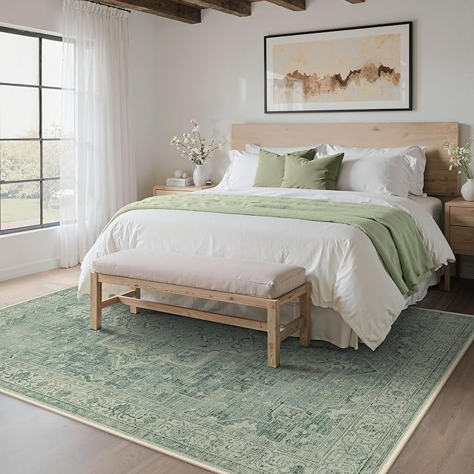 5x7 Area Rugs for Living Room, Machine Washable Rug, Non Slip Vintage Rugs, Low Pile Lightweight Print Rug for Bedroom, Dining Room, Home Office, Green