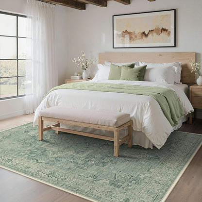 5x7 Area Rugs for Living Room, Machine Washable Rug, Non Slip Vintage Rugs, Low Pile Lightweight Print Rug for Bedroom, Dining Room, Home Office, Green