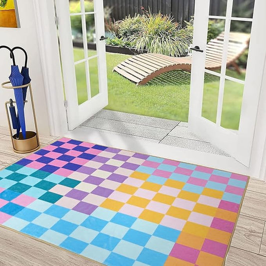 Multicolored Checkered Rug 2x3 Small Modern Aesthetics Washable Non-Slip Checkerboard Rug Indoor Entrance Carpet for Entrance Bedroom Kitchen Bathroom