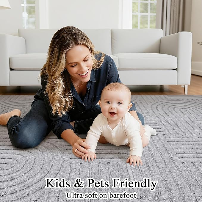 SHACOS Soft Cozy Fluffy Arch Pattern High Low Pile Runner Rugs 2'x6' Non Slip Washable Rug Runners Modern Geometric Arc Carpet for Bedroom Bathroom Hallway, Light Grey