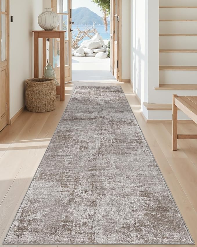 DEXI Hallway Runner Rug 3x10, Modern Abstract Non Slip Thin Soft Runners Carpet, Stain Resistant Washable Indoor Rug for Hallway Entryway Kitchen Laundry Room Living Room, Red Brown