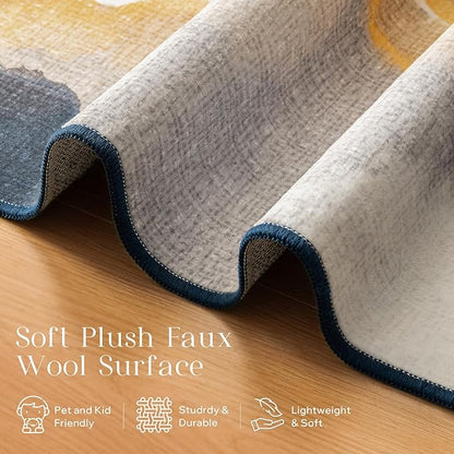 Phantoscope Washable Area Rug 5'x7' Non-Slip, Vintage Modern Boho Rugs for Living Room, Bedroom, Dining Room, Cloudscape Golden Horizon Pattern, Low-Pile Foldable Floor Carpet, Deep Grey/Gold