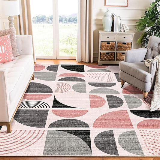 MUJOO Pink Rug Washable,6x9 Area Rugs for Living Room Bedroom Dining Room,Boho Large Throw Floor Carpet Non Slip Soft Modern Abstract Pink and Grey