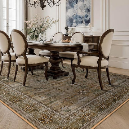5x7 Washable Area Rug for Living Room Dining Room, Distressed Non Slip Vintage Floral Rugs for Bedroom, Traditional Indoor Floor Carpet for Dining Kitchen Farmhouse Brown with Green