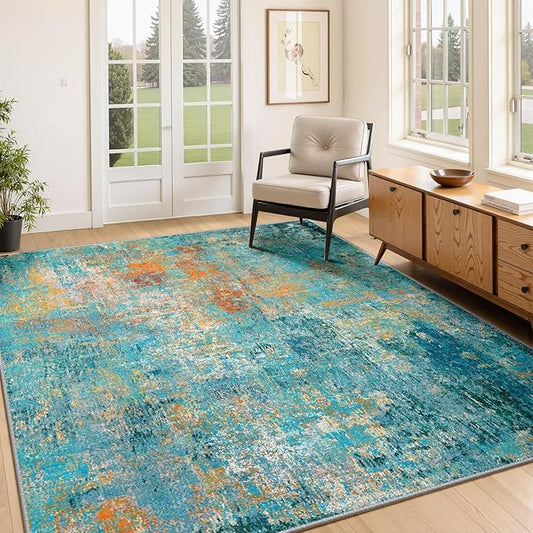 Washable Area Rugs 4'x6' Non-Slip Modern Abstract Soft for Living Room Entryway Bedroom Nursery, Print Pattern, Teal Blue Green Orange Rust Red Coloreful
