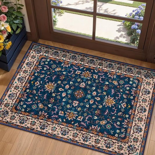 Tangsoo 2x3 Washable Rugs for Entryway, Small Area Vintage Floral Rug Non-Slip Soft Low Pile Rugs, Small Carpet Door Mat, Front Door Indoor Throw Rug for Entrance Kitchen Entry, Home Decor Navy Blue