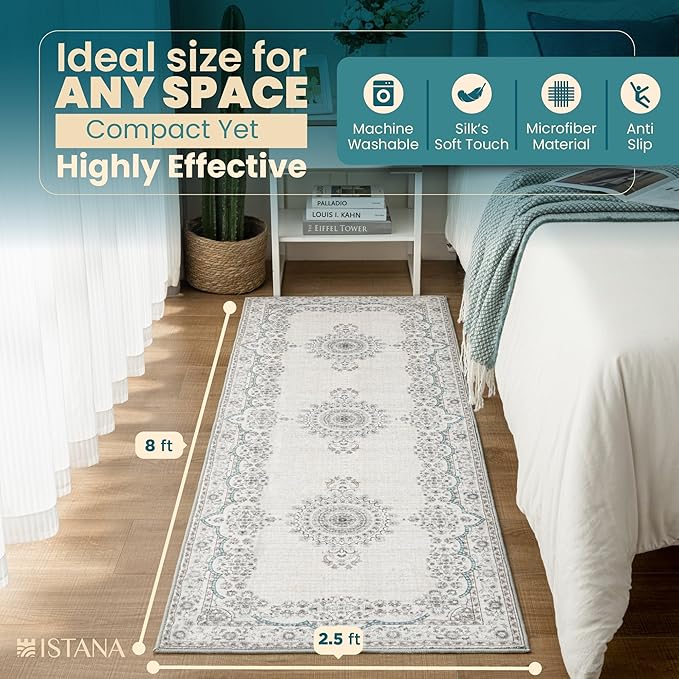 Istana Hallway Runner Rug 2.5x8 – Pink Beige Whisper/Grey/Blue Entryway Rug -Silk's Soft Touch Runners for Hallways - Stylish Kitchen Runner Rug Non Slip