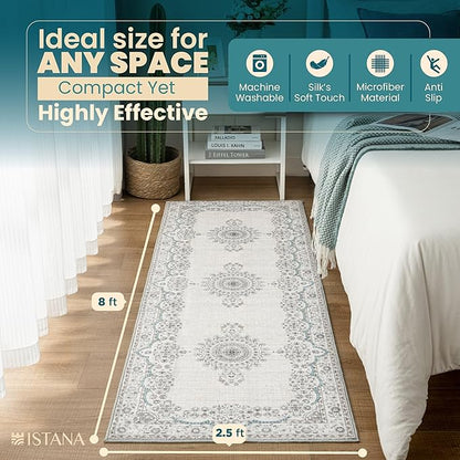 Istana Hallway Runner Rug 2.5x8 – Pink Beige Whisper/Grey/Blue Entryway Rug -Silk's Soft Touch Runners for Hallways - Stylish Kitchen Runner Rug Non Slip