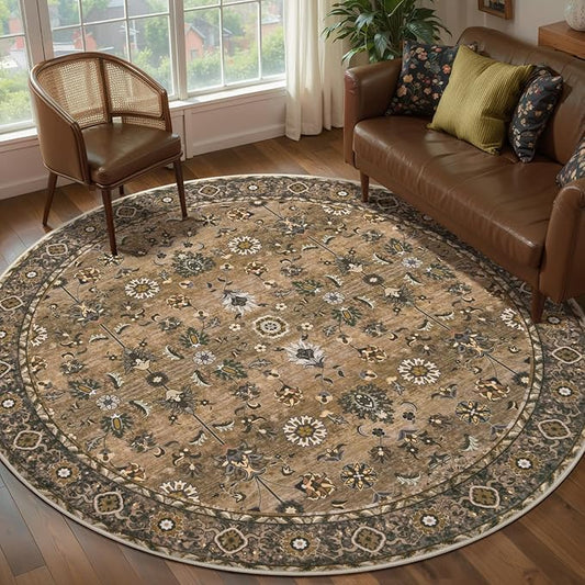 Tangsoo Vintage Round Rug 5ft, Washable Circle Rug, Non Slip Boho Round Area Rug, Low Pile Circular Rugs, Round Carpet for Bedroom,Livingroom,Nursery,Dorm,Office,Brown