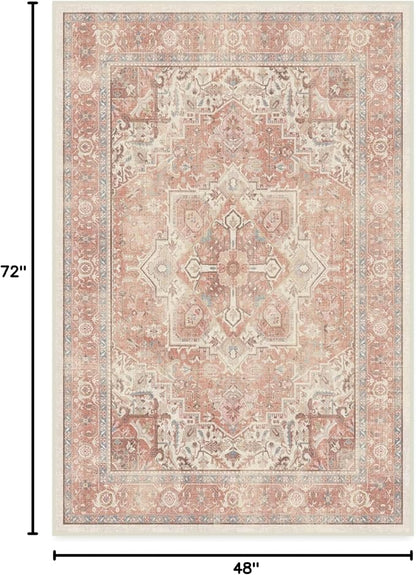 RUGGABLE Washable Area Rug – Kamran Rose Pink 4x6, Stain-Resistant, Non-Slip – Medium Machine Washable Rugs for Living Room, Bedroom, Hallway, Entryway & Office–with Cushioned Pad
