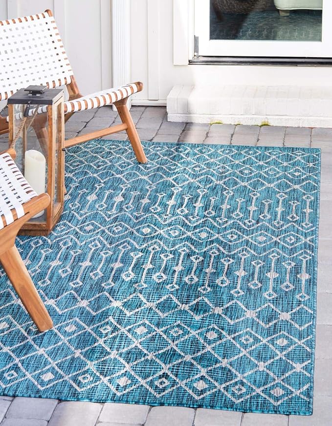 Unique Loom Outdoor Trellis Collection Area Rug - Tribal Trellis (7' 10" x 10' Rectangle Teal/Ivory)