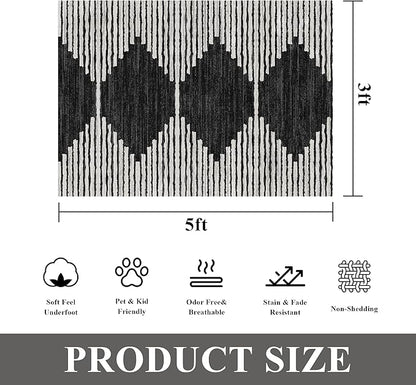 HelloTree Area Rug 3x5 Geometric Rug,Washable Modern Neutral Stain Resistant Indoor Carpet Boho Living Room Moroccan Rugs Fluffy Rug for Living Room Bedside Room Decor for Family-Black
