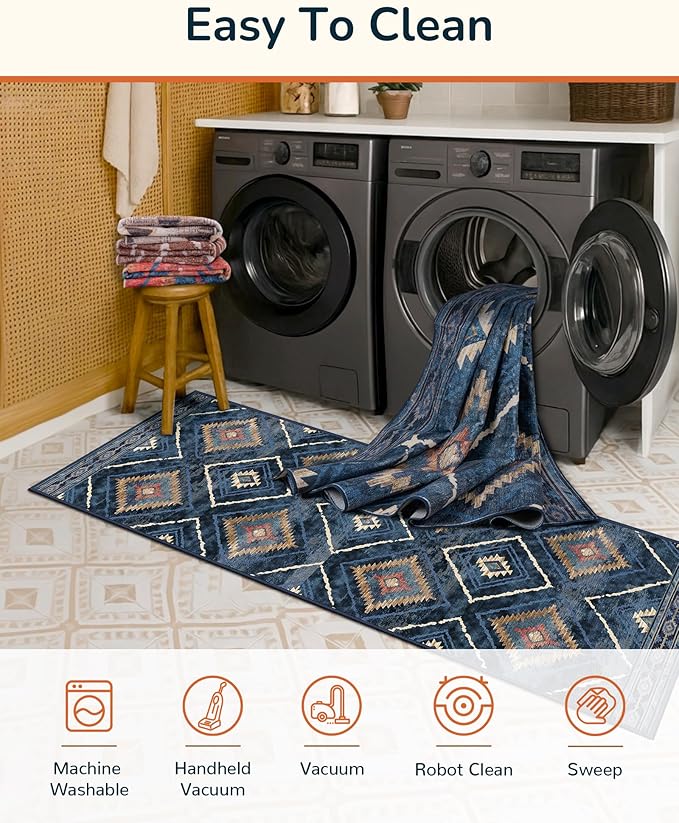 Area Rug 8x10 Rug Machine Washable Non-Slip Low Pile Print Pattern Western Rug for Living Room Bedroom Entryway Tribal Series -Darkblue